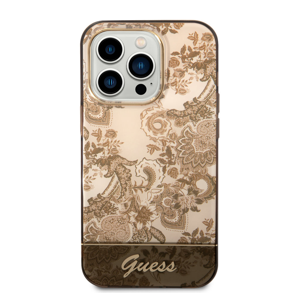 Guess iPhone 14 Pro Hardcase Backcover - Porselein Collectie - Bruin-Hoesjes-Ilumina Benelux