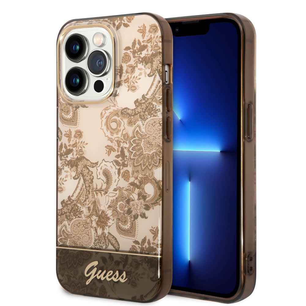 Guess iPhone 14 Pro Hardcase Backcover - Porselein Collectie - Bruin-Hoesjes-Ilumina Benelux