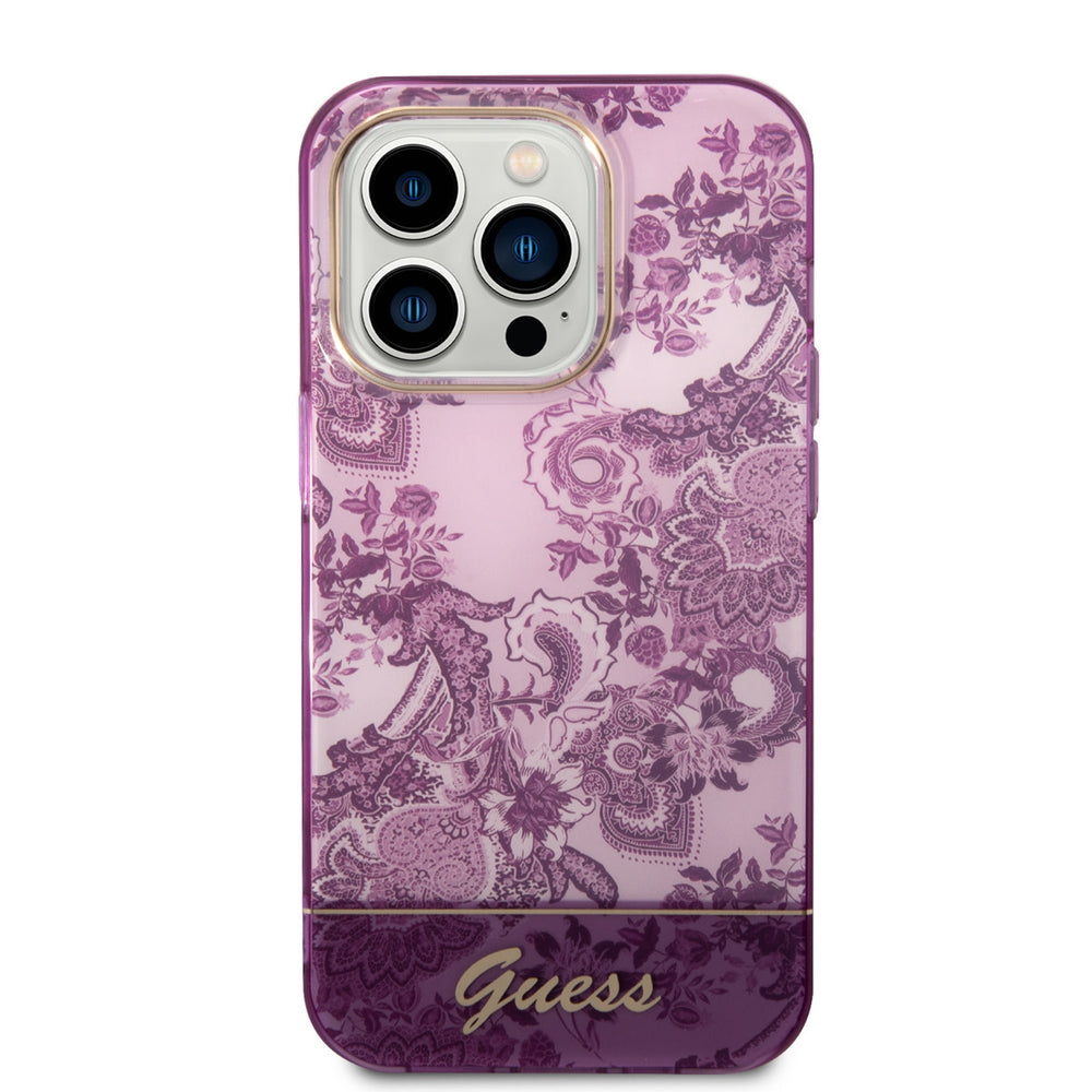 Guess iPhone 14 Pro Hardcase Backcover - Porselein Collectie - Fuchsia-Hoesjes-Ilumina Benelux
