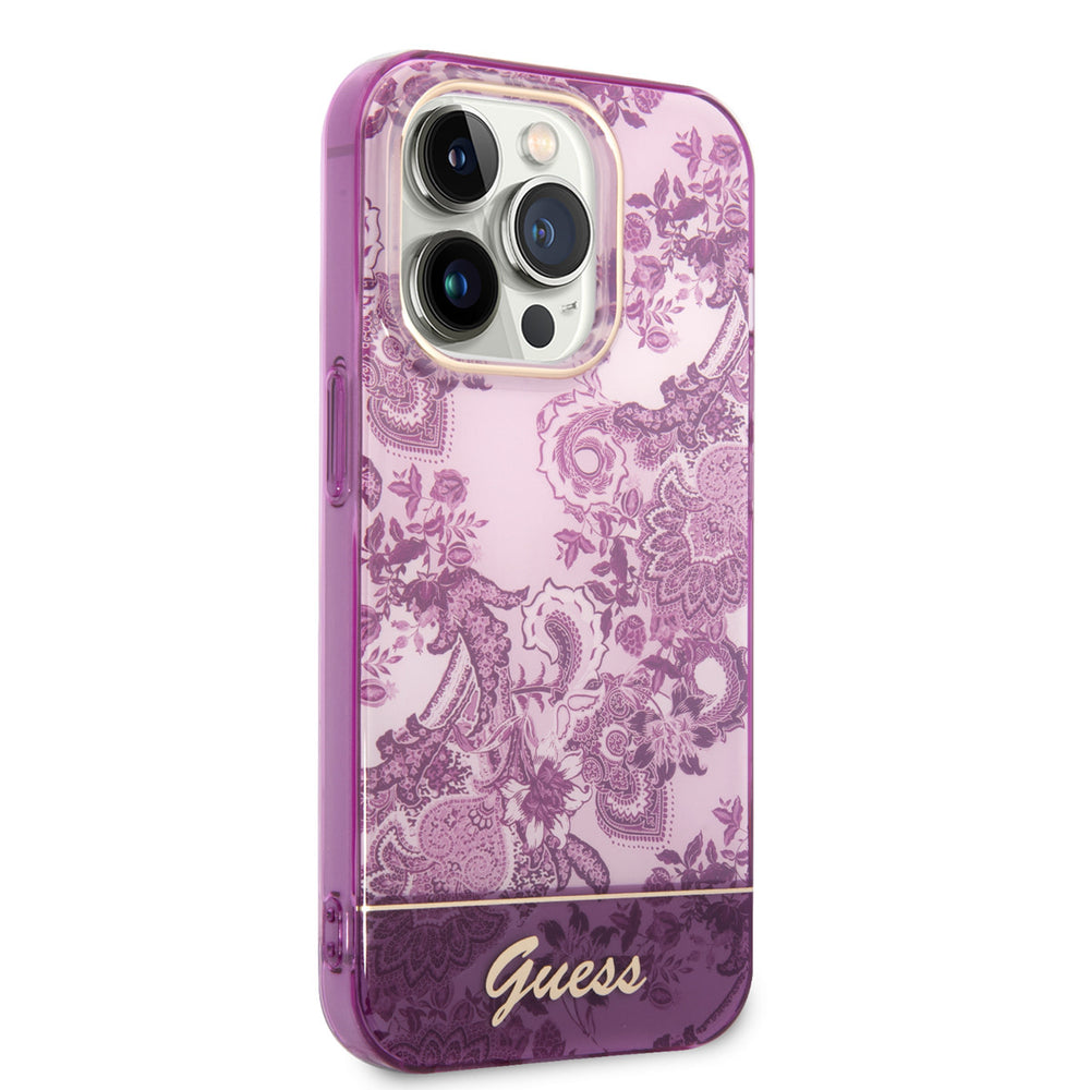 Guess iPhone 14 Pro Hardcase Backcover - Porselein Collectie - Fuchsia-Hoesjes-Ilumina Benelux