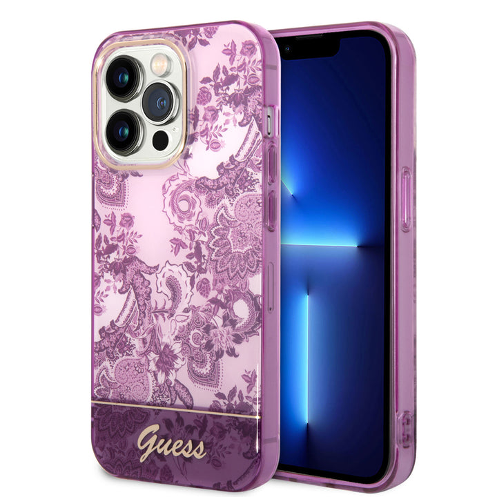 Guess iPhone 14 Pro Hardcase Backcover - Porselein Collectie - Fuchsia-Hoesjes-Ilumina Benelux