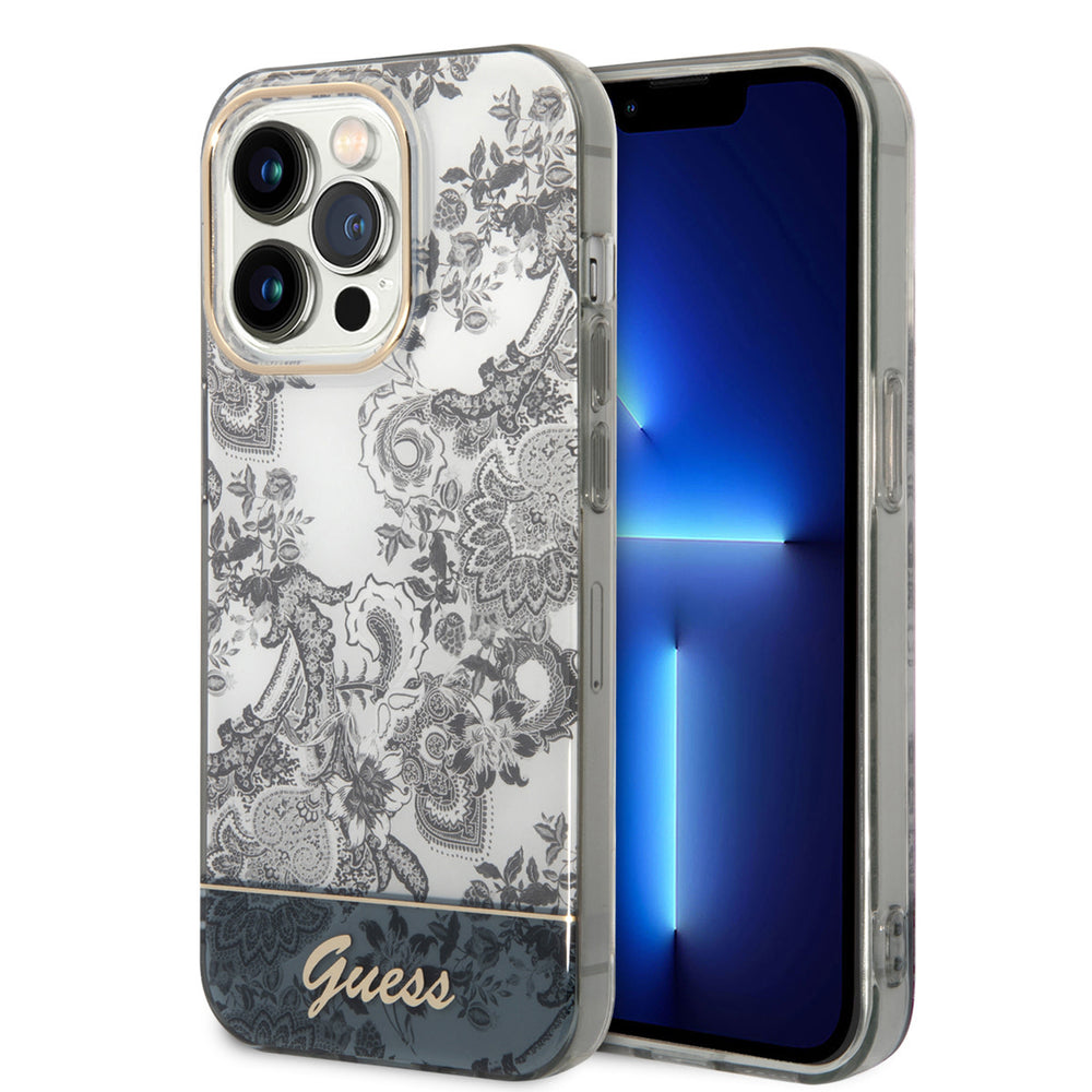 Guess iPhone 14 Pro Hardcase Backcover - Porselein Collectie - Grijs-Hoesjes-Ilumina Benelux