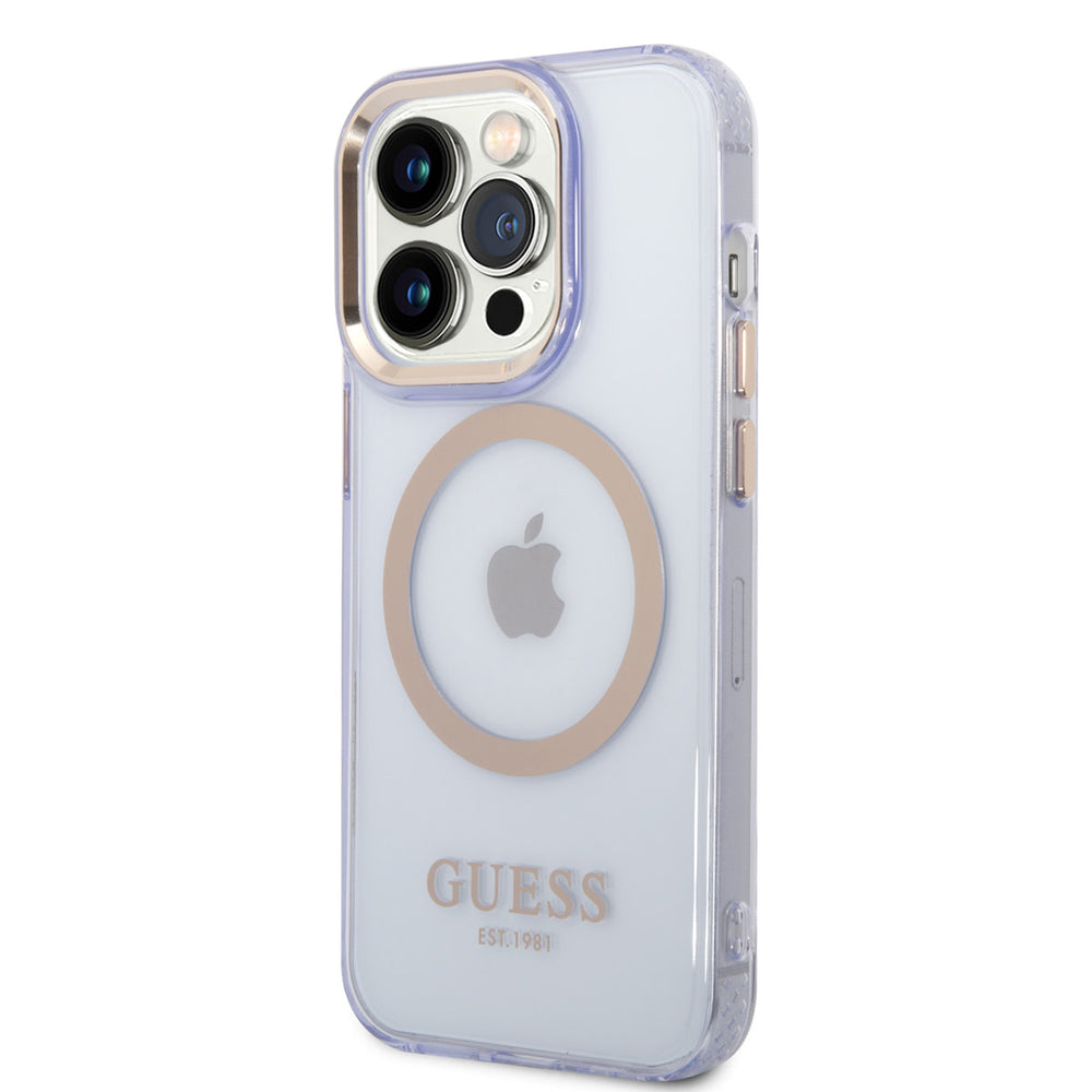Guess iPhone 14 Pro Max Hardcase Backcover - Gold Buttons & Camera - Magsafe Compatible - Doorzichtig - Paars-Hoesjes-Ilumina Benelux