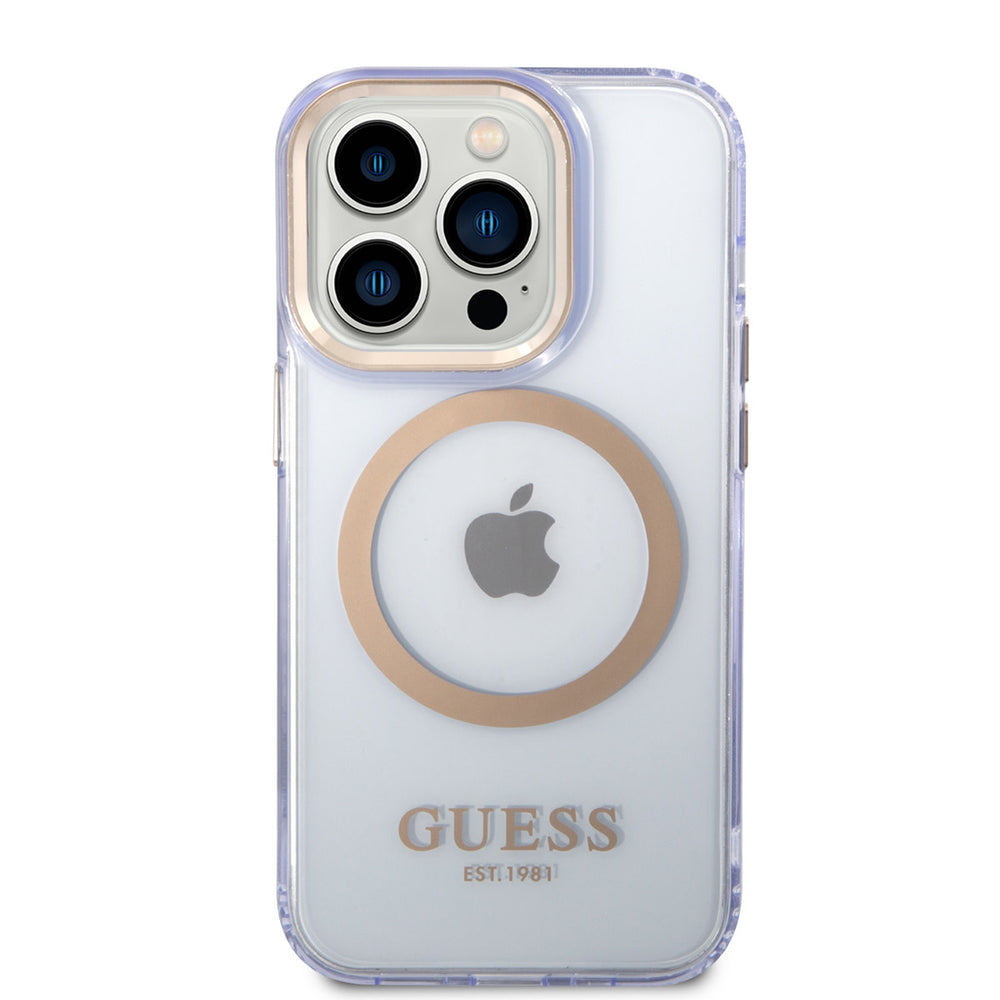 Guess iPhone 14 Pro Max Hardcase Backcover - Gold Buttons & Camera - Magsafe Compatible - Doorzichtig - Paars-Hoesjes-Ilumina Benelux