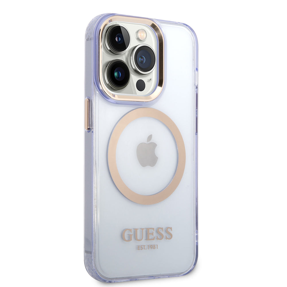Guess iPhone 14 Pro Max Hardcase Backcover - Gold Buttons & Camera - Magsafe Compatible - Doorzichtig - Paars-Hoesjes-Ilumina Benelux
