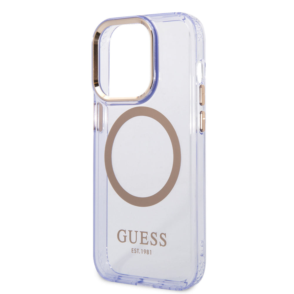 Guess iPhone 14 Pro Max Hardcase Backcover - Gold Buttons & Camera - Magsafe Compatible - Doorzichtig - Paars-Hoesjes-Ilumina Benelux