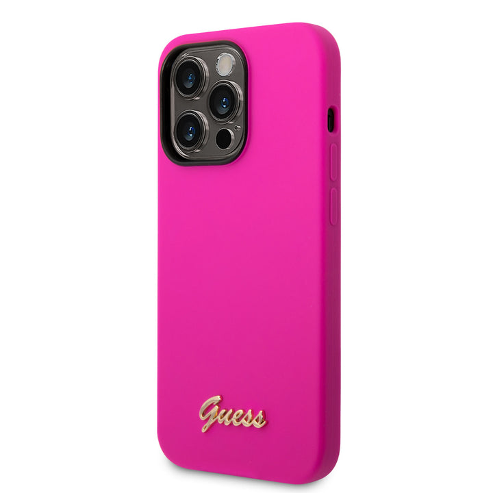 Guess iPhone 14 Pro Silicone Backcover - Metal logo - Fuchsia-Hoesjes-Ilumina Benelux