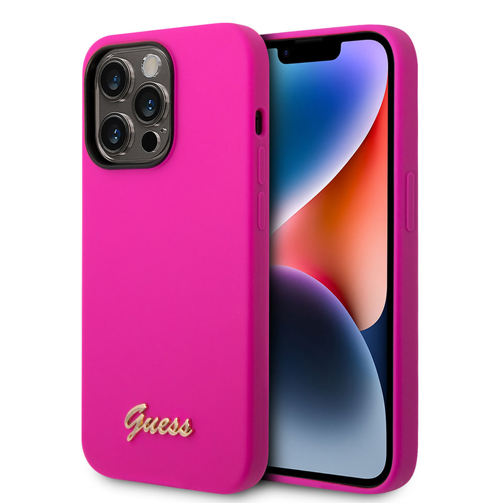 Guess iPhone 14 Pro Silicone Backcover - Metal logo - Fuchsia-Hoesjes-Ilumina Benelux