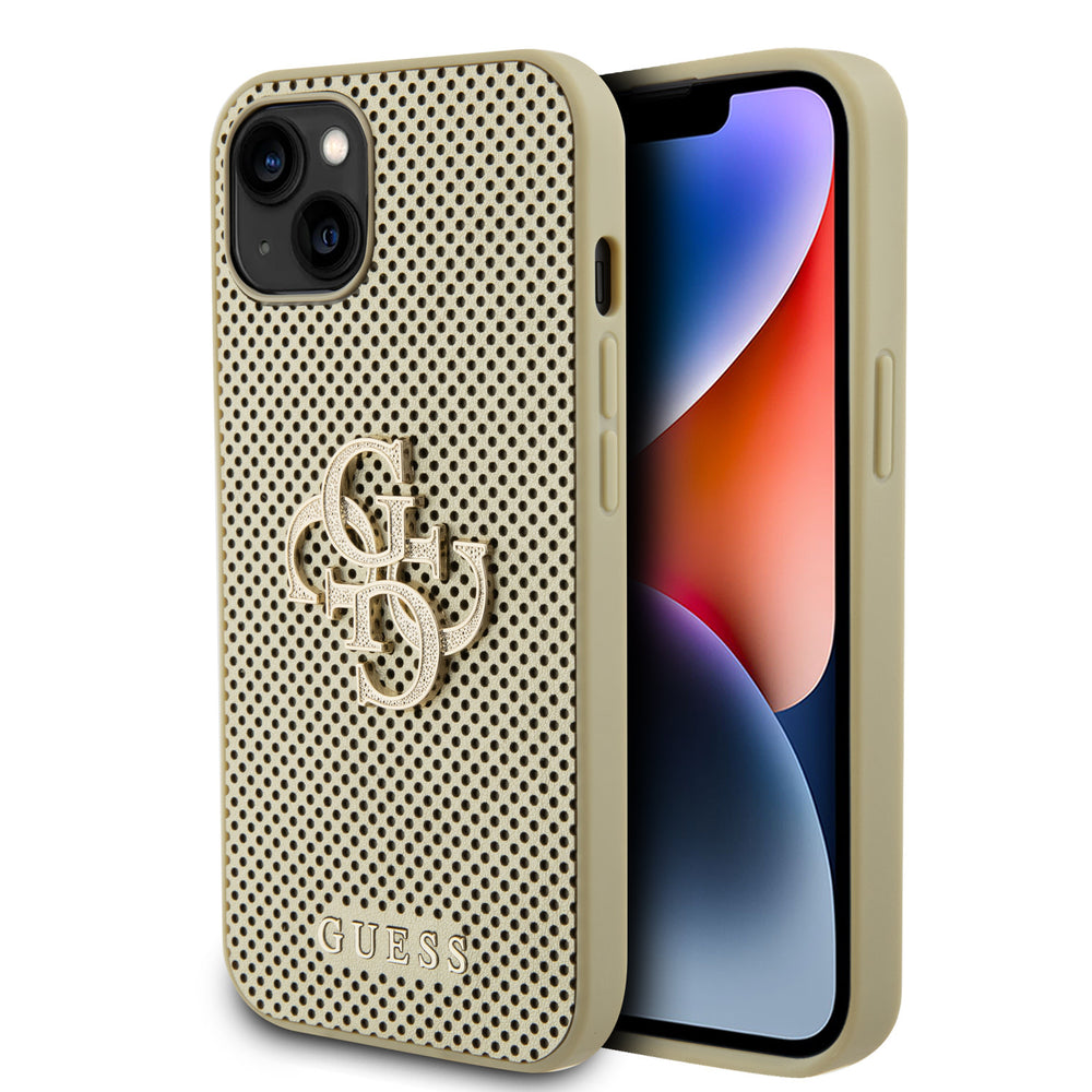 Guess iPhone 15 & 14 Plus Backcover hoesje Perforated 4G - glitter - Goud-Hoesjes-Ilumina Benelux
