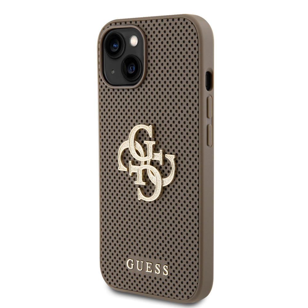 Guess iPhone 15 & 14 Plus Backcover hoesje Perforated 4G - glitter - Taupe-Hoesjes-Ilumina Benelux