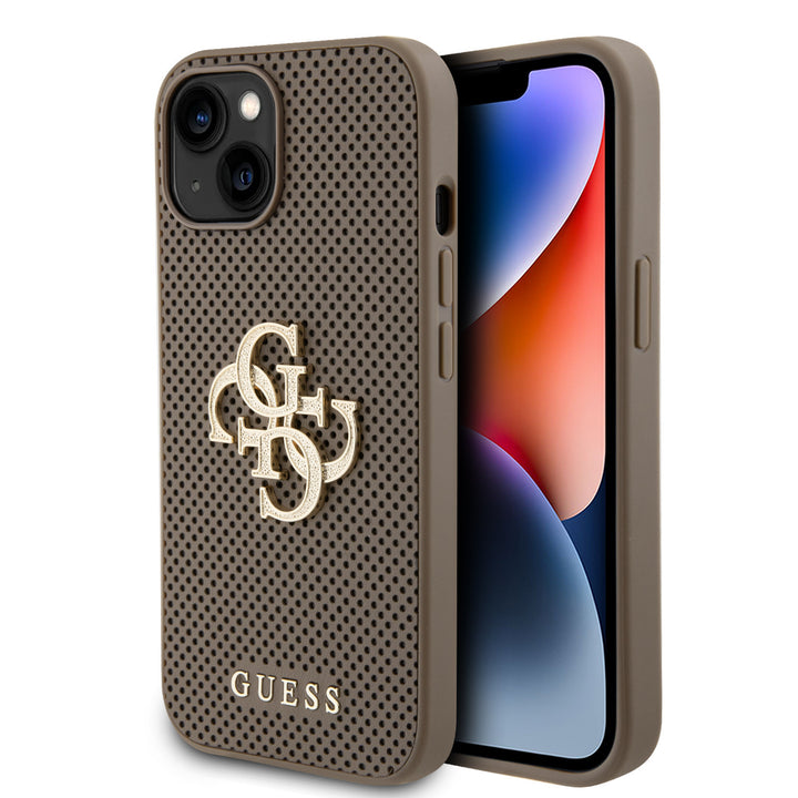 Guess iPhone 15 & 14 Plus Backcover hoesje Perforated 4G - glitter - Taupe-Hoesjes-Ilumina Benelux