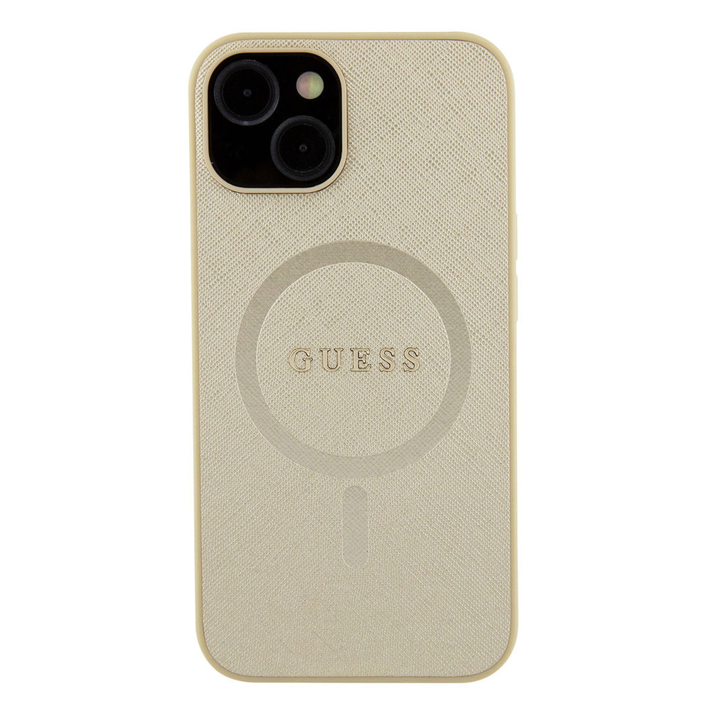 Guess iPhone 15 & 14 Plus Hardcase Backcover Saffiano - Beige-Hoesjes-Ilumina Benelux