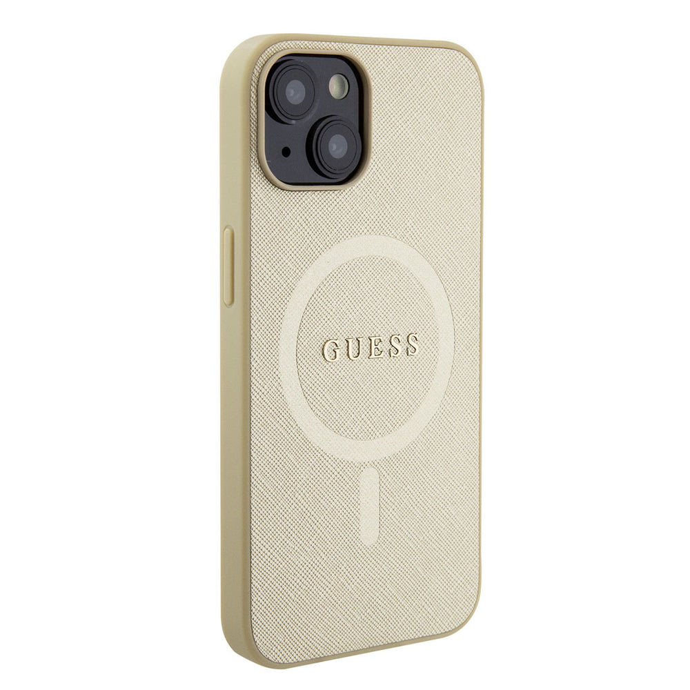 Guess iPhone 15 & 14 Plus Hardcase Backcover Saffiano - Beige-Hoesjes-Ilumina Benelux