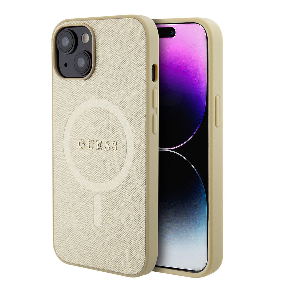 Guess iPhone 15 & 14 Plus Hardcase Backcover Saffiano - Beige-Hoesjes-Ilumina Benelux