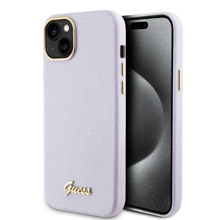 Guess iPhone 15 & 14 Plus TPU Back Cover hoesje - Glitter Glossy Script - Lila-Hoesjes-Ilumina Benelux