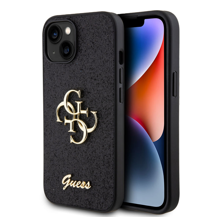 Guess iPhone 15 Backcover hoesje - Big 4G - Fixed Glitter - Zwart-Hoesjes-Ilumina Benelux