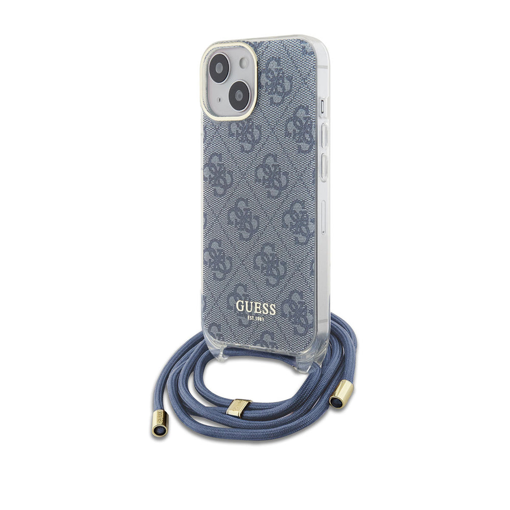 Guess iPhone 15 Backcover hoesje Crossbody cord - 4G print - Blauw-Hoesjes-Ilumina Benelux