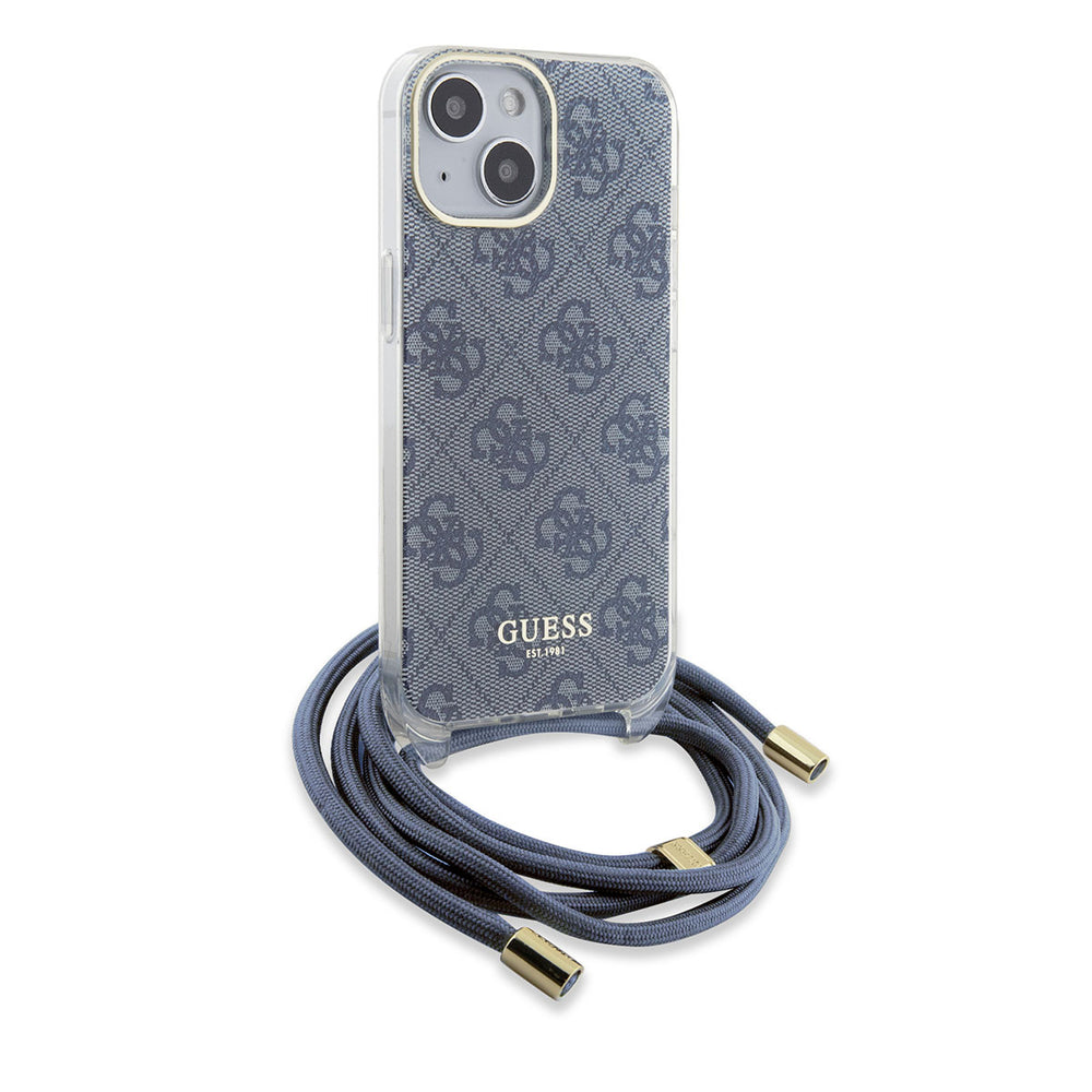 Guess iPhone 15 Backcover hoesje Crossbody cord - 4G print - Blauw-Hoesjes-Ilumina Benelux