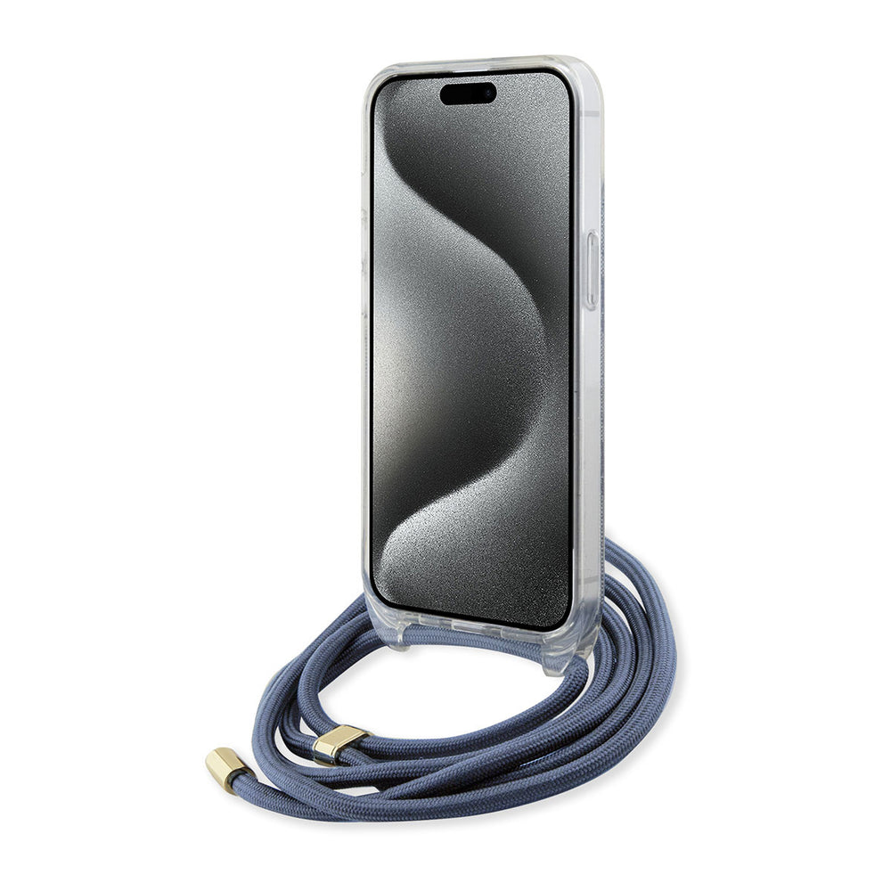 Guess iPhone 15 Backcover hoesje Crossbody cord - 4G print - Blauw-Hoesjes-Ilumina Benelux