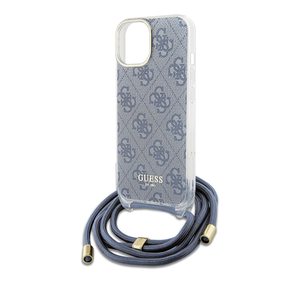 Guess iPhone 15 Backcover hoesje Crossbody cord - 4G print - Blauw-Hoesjes-Ilumina Benelux