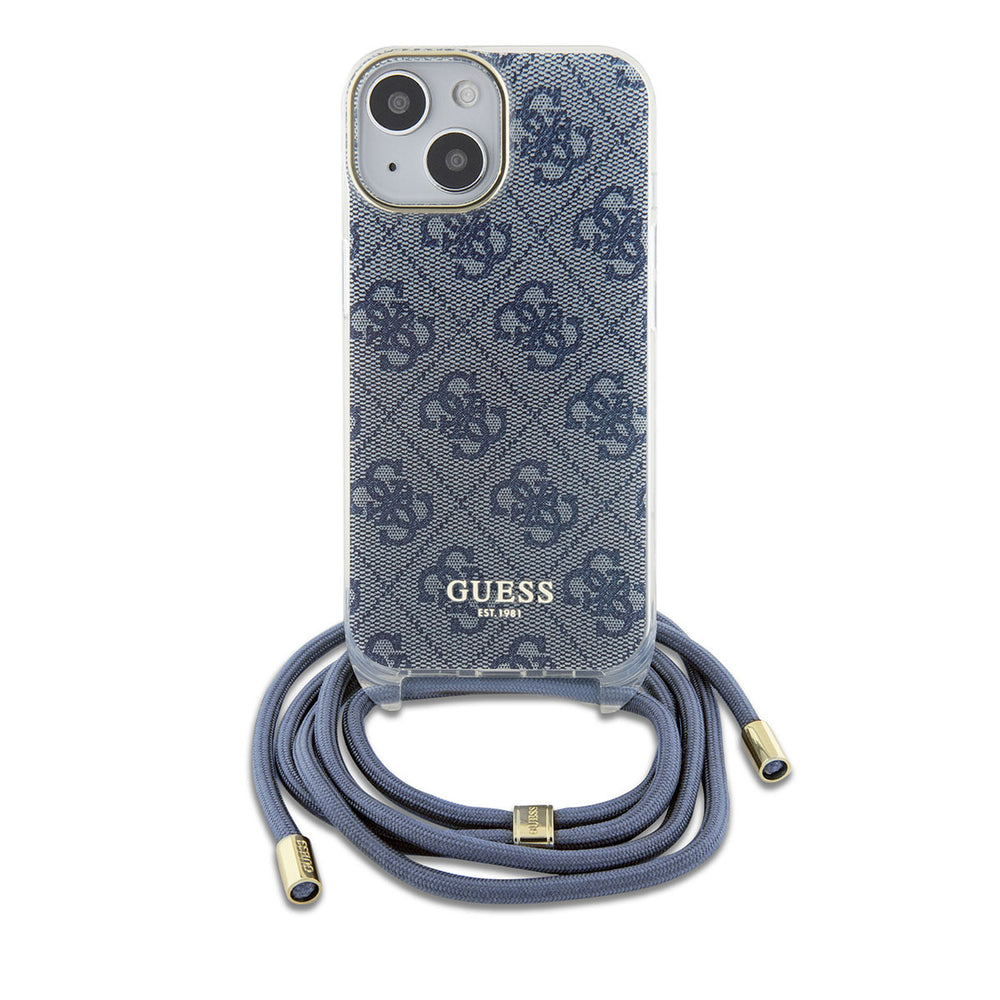 Guess iPhone 15 Backcover hoesje Crossbody cord - 4G print - Blauw-Hoesjes-Ilumina Benelux