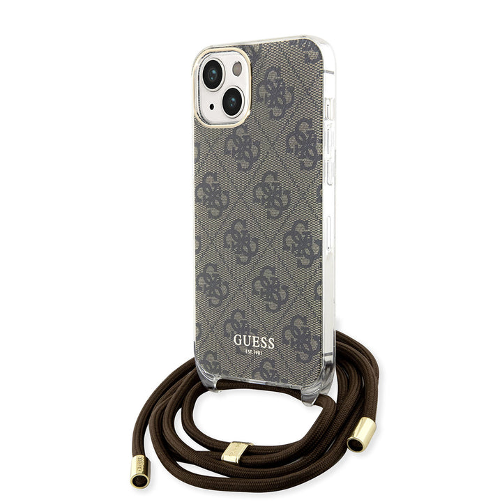 Guess iPhone 15 Backcover hoesje Crossbody cord - 4G print - Bruin-Hoesjes-Ilumina Benelux