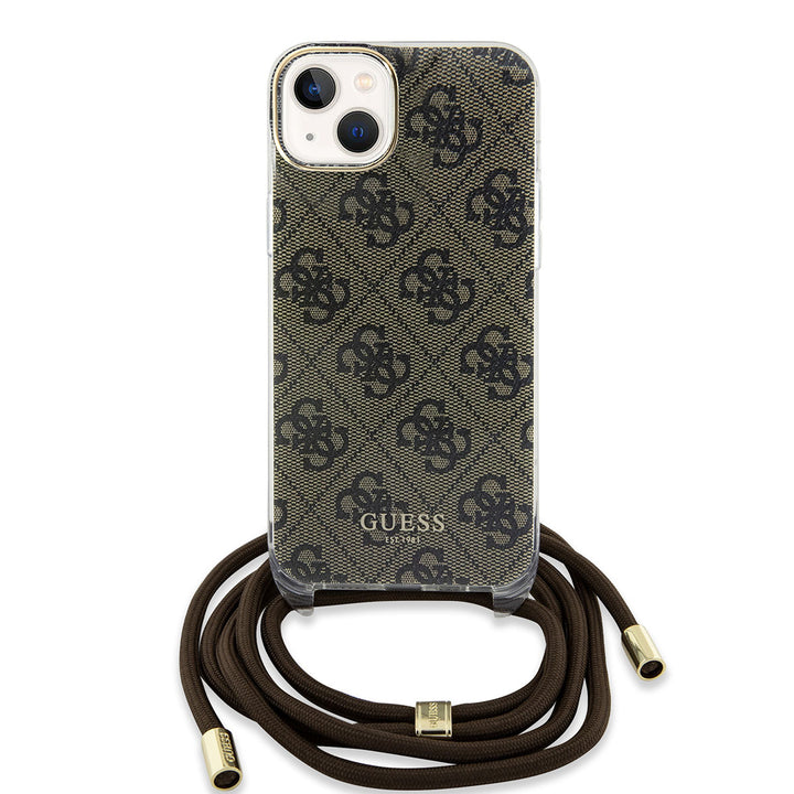 Guess iPhone 15 Backcover hoesje Crossbody cord - 4G print - Bruin-Hoesjes-Ilumina Benelux