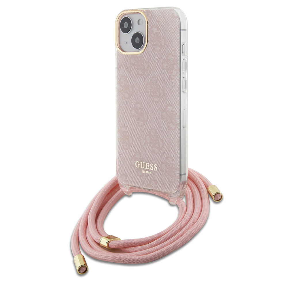 Guess iPhone 15 Backcover hoesje Crossbody cord - 4G print - Roze-Hoesjes-Ilumina Benelux