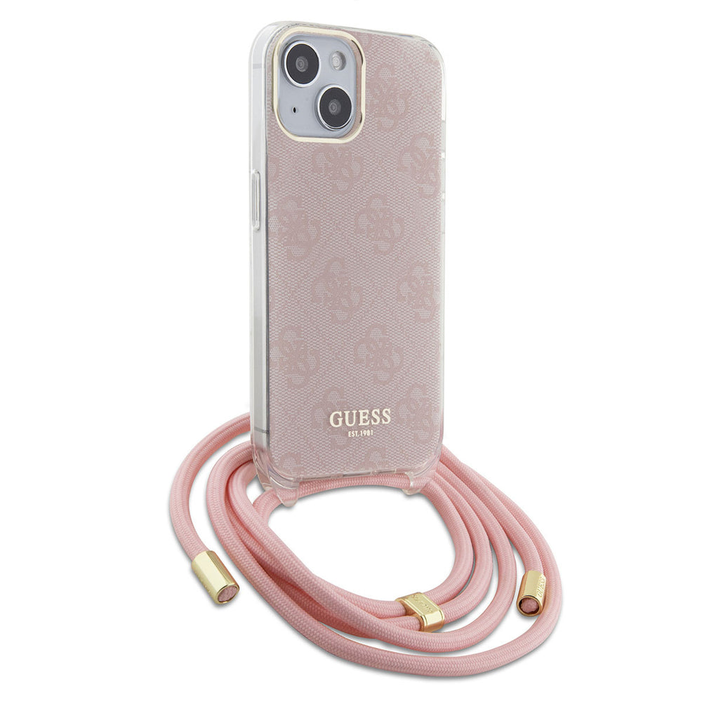 Guess iPhone 15 Backcover hoesje Crossbody cord - 4G print - Roze-Hoesjes-Ilumina Benelux