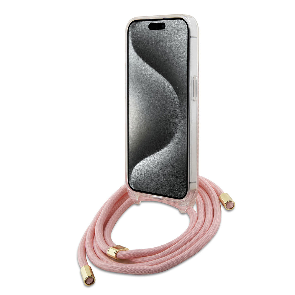Guess iPhone 15 Backcover hoesje Crossbody cord - 4G print - Roze-Hoesjes-Ilumina Benelux