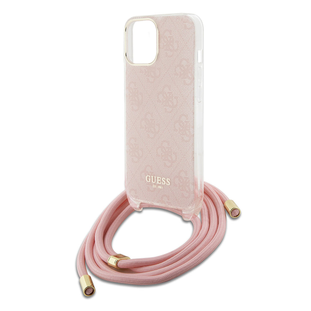 Guess iPhone 15 Backcover hoesje Crossbody cord - 4G print - Roze-Hoesjes-Ilumina Benelux