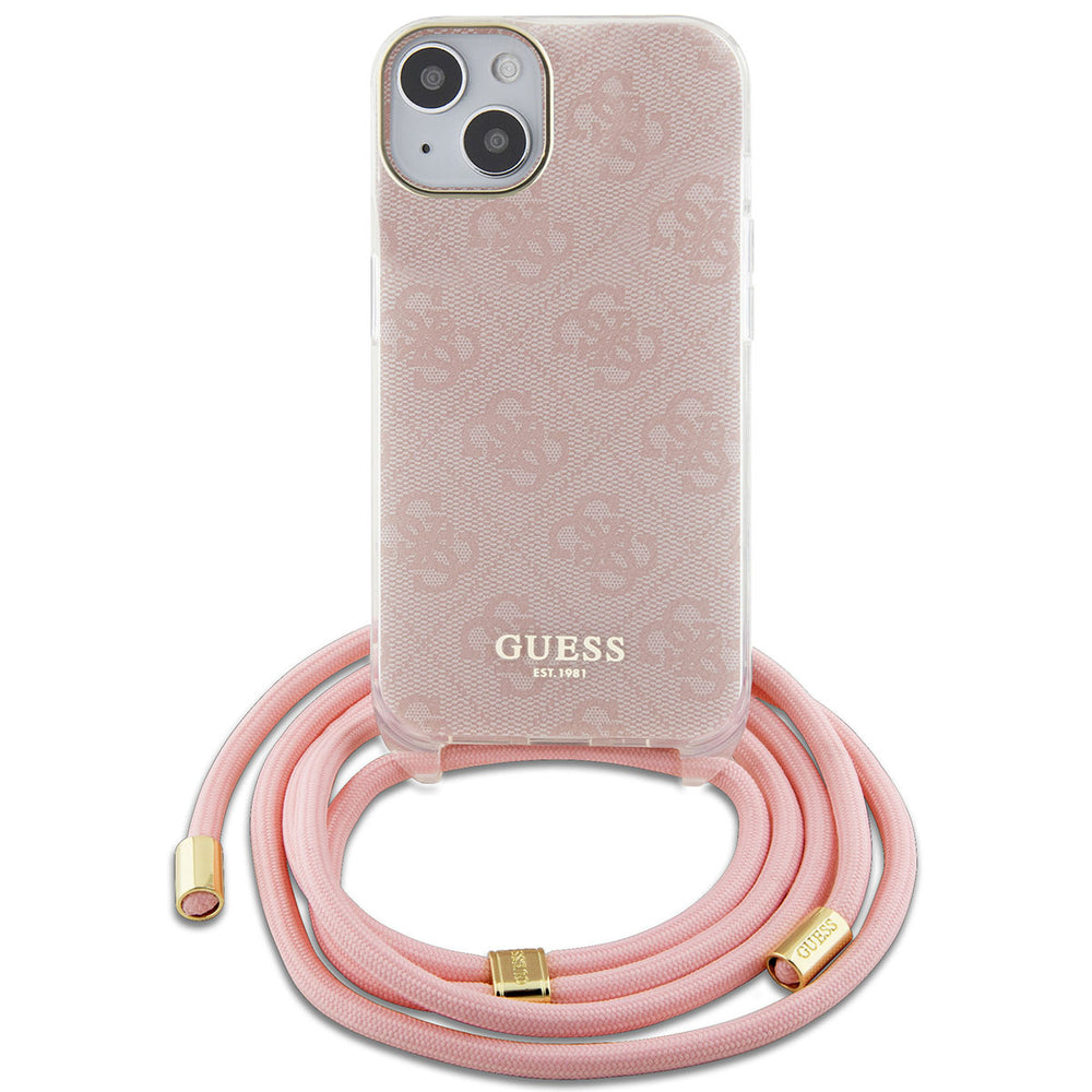 Guess iPhone 15 Backcover hoesje Crossbody cord - 4G print - Roze-Hoesjes-Ilumina Benelux