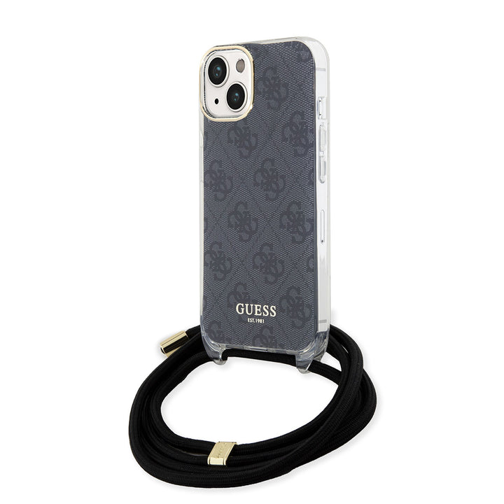 Guess iPhone 15 Backcover hoesje Crossbody cord - 4G print - Zwart-Hoesjes-Ilumina Benelux