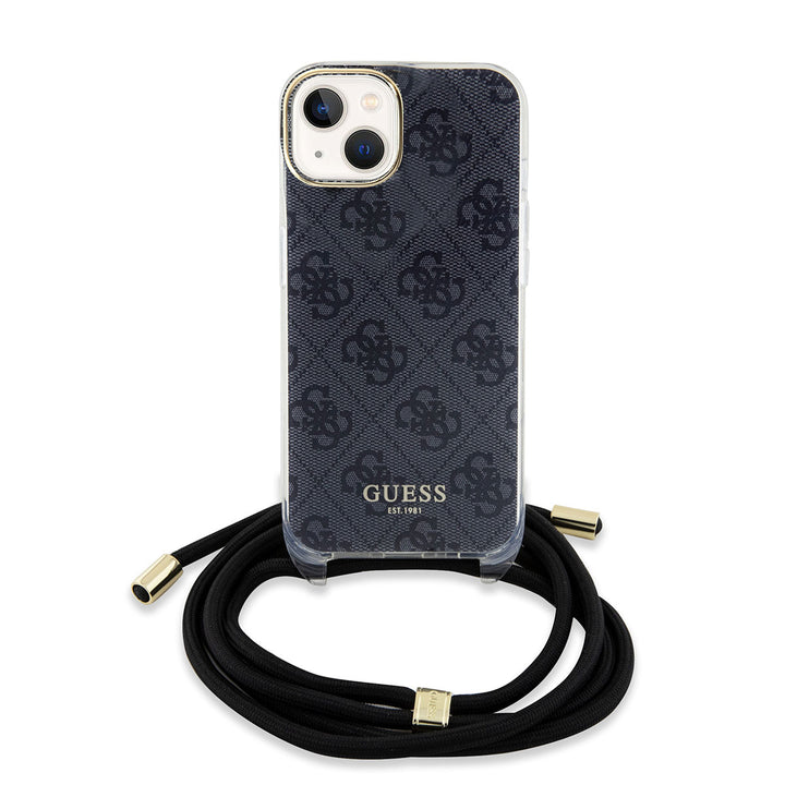 Guess iPhone 15 Backcover hoesje Crossbody cord - 4G print - Zwart-Hoesjes-Ilumina Benelux