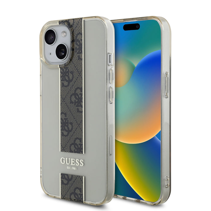 Guess iPhone 15 Backcover hoesje IML 4G Stripe - Bruin-Hoesjes-Ilumina Benelux