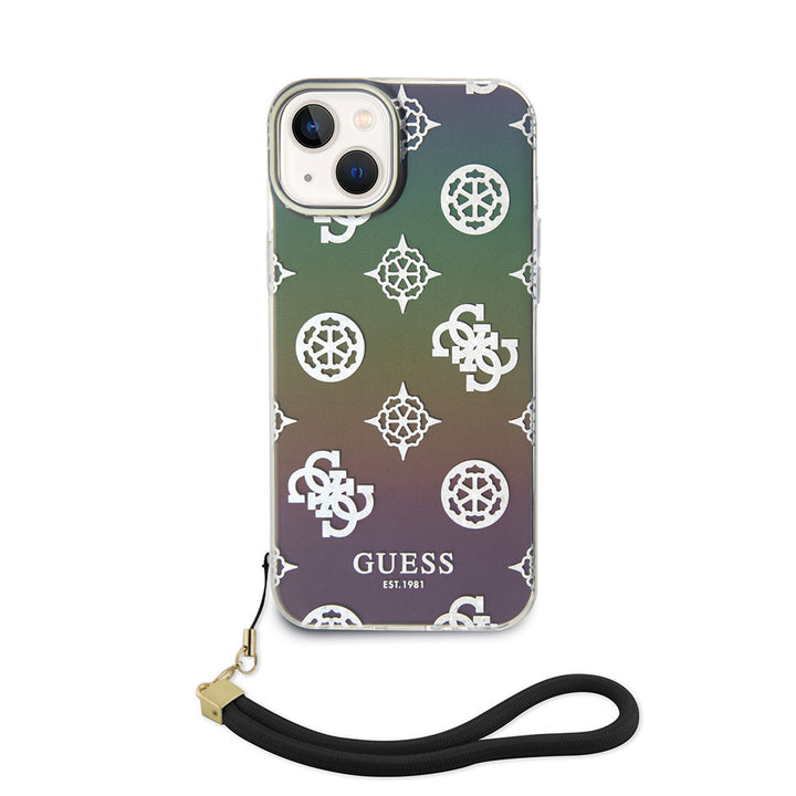 Guess iPhone 15 Backcover hoesje Iridescent - Glitter pattern peony - cordstrap - Zwart-Hoesjes-Ilumina Benelux