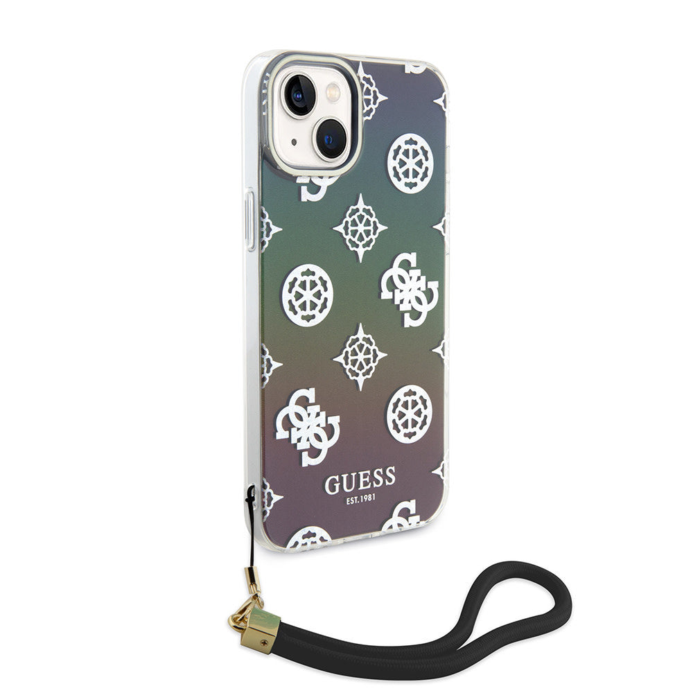 Guess iPhone 15 Backcover hoesje Iridescent - Glitter pattern peony - cordstrap - Zwart-Hoesjes-Ilumina Benelux