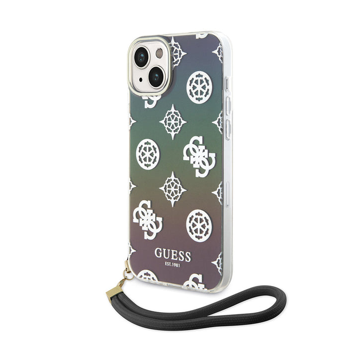 Guess iPhone 15 Backcover hoesje Iridescent - Glitter pattern peony - cordstrap - Zwart-Hoesjes-Ilumina Benelux