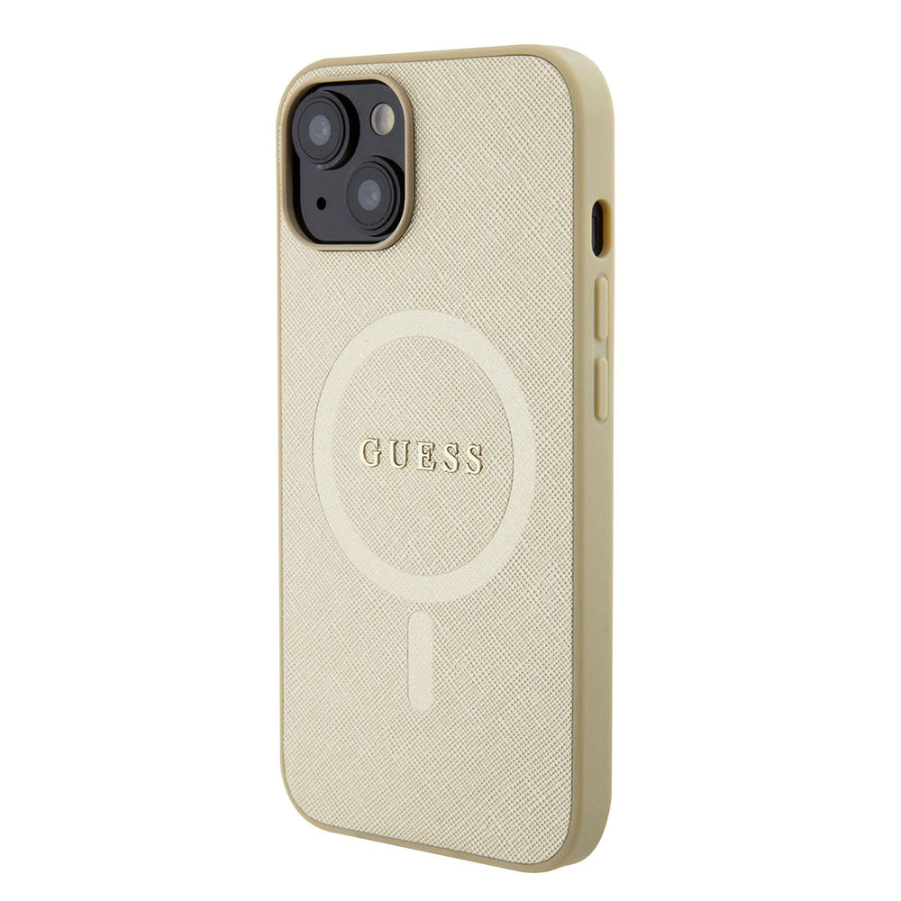 Guess iPhone 15 Hardcase Backcover Saffiano - Beige-Hoesjes-Ilumina Benelux