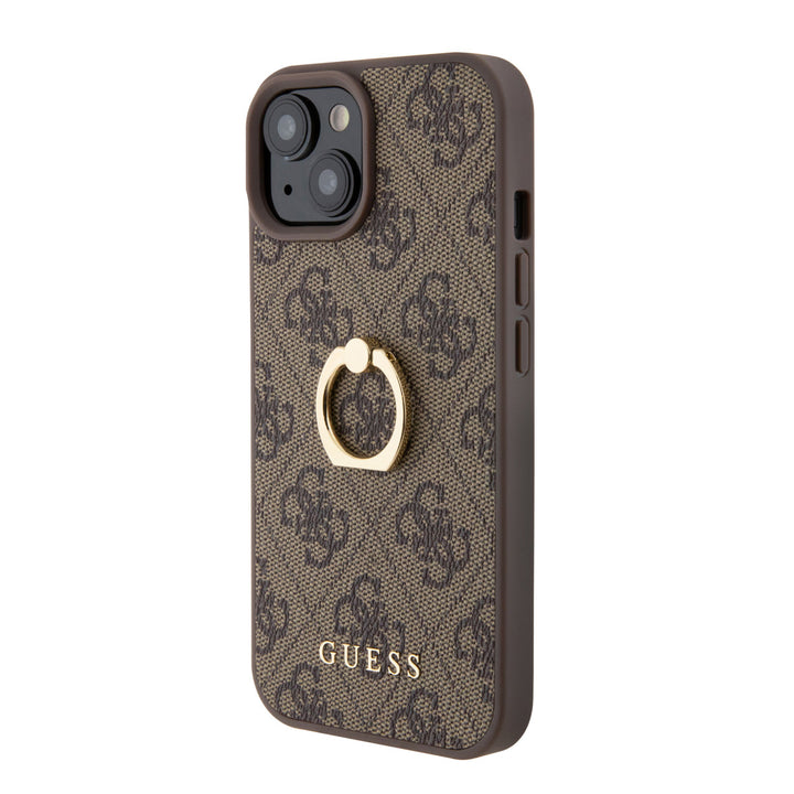 Guess iPhone 15 Hardcase hoesje - 4G - Met Ringhouder - Bruin-Hoesjes-Ilumina Benelux