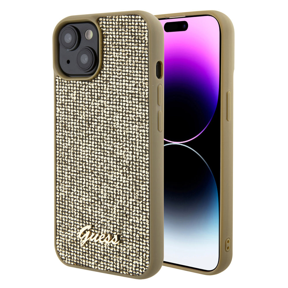 Guess iPhone 15 Hardcase hoesje - Metal Script - Disco Goud-Hoesjes-Ilumina Benelux