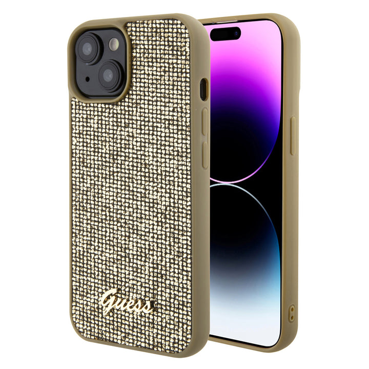 Guess iPhone 15 Hardcase hoesje - Metal Script - Disco Goud-Hoesjes-Ilumina Benelux
