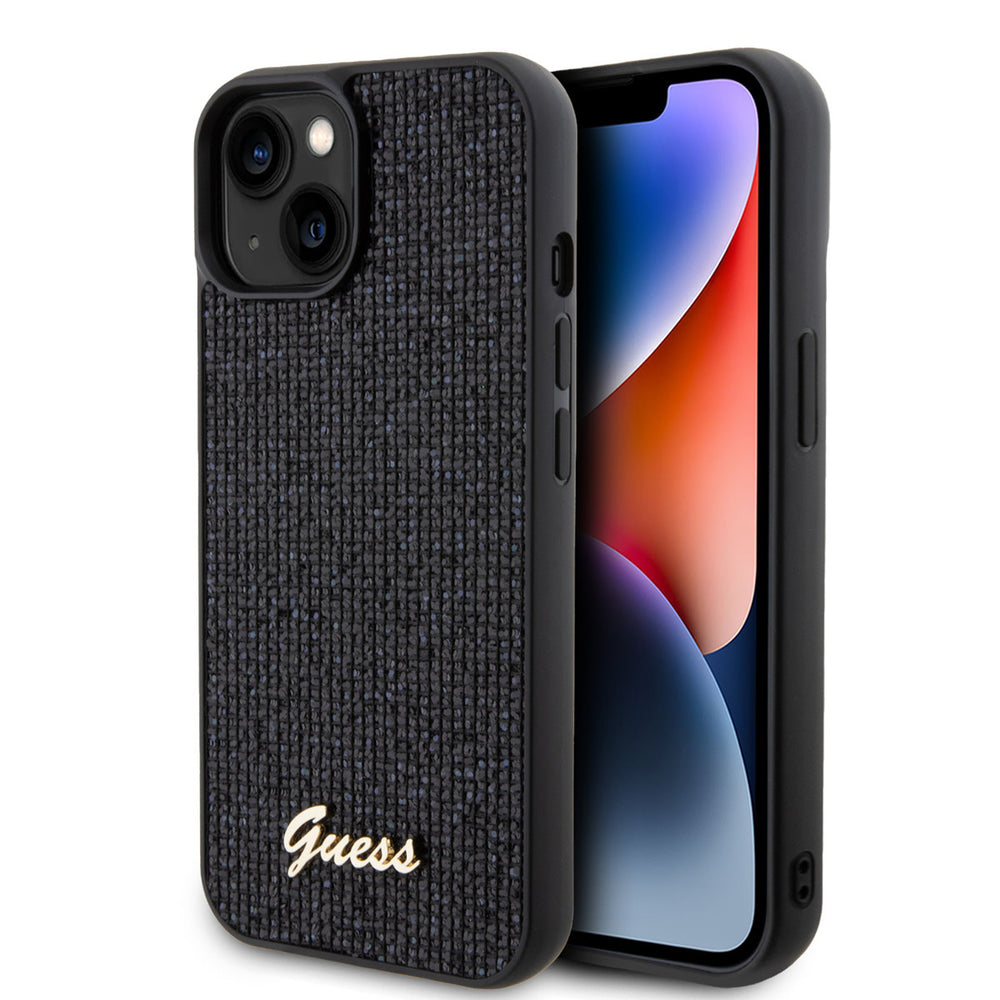 Guess iPhone 15 Hardcase hoesje - Metal Script - Disco Zwart-Hoesjes-Ilumina Benelux