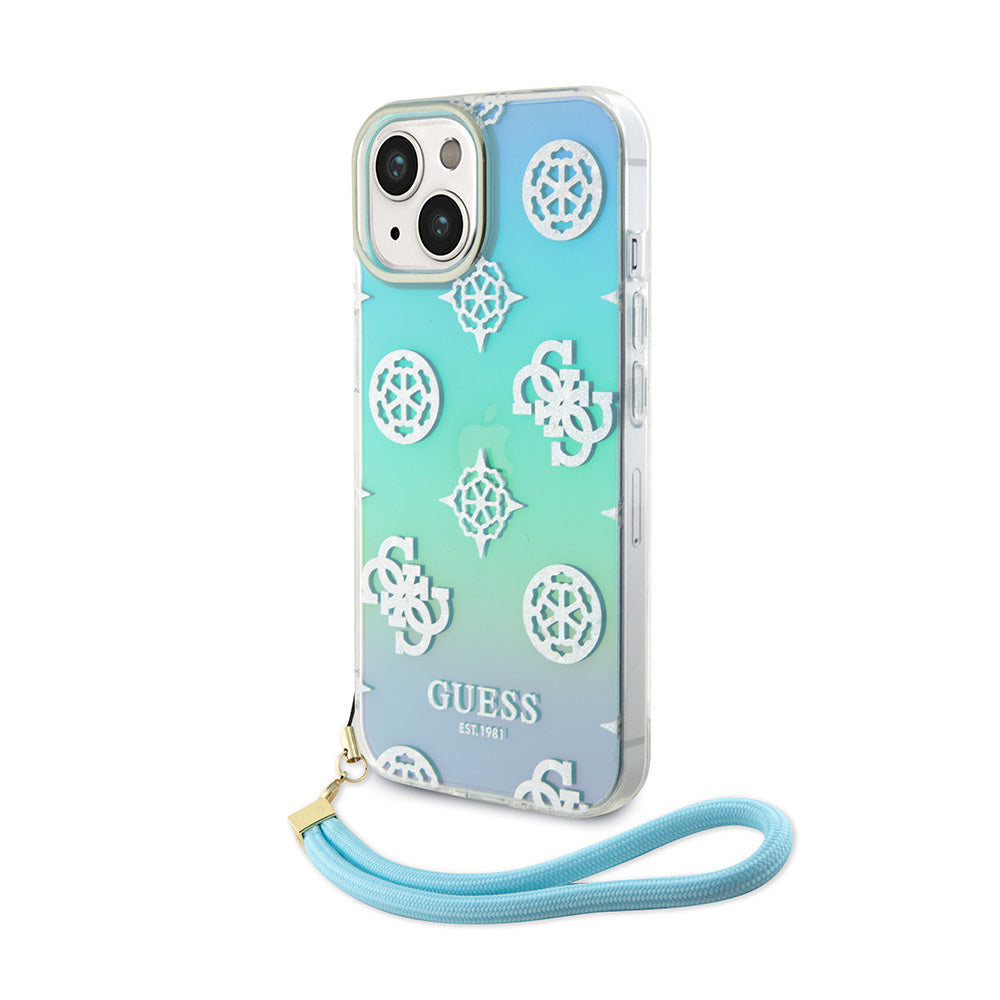 Guess iPhone 15 Plus & iPhone 14 Plus Backcover hoesje Iridescent glitter pattern - Turquoise-Hoesjes-Ilumina Benelux