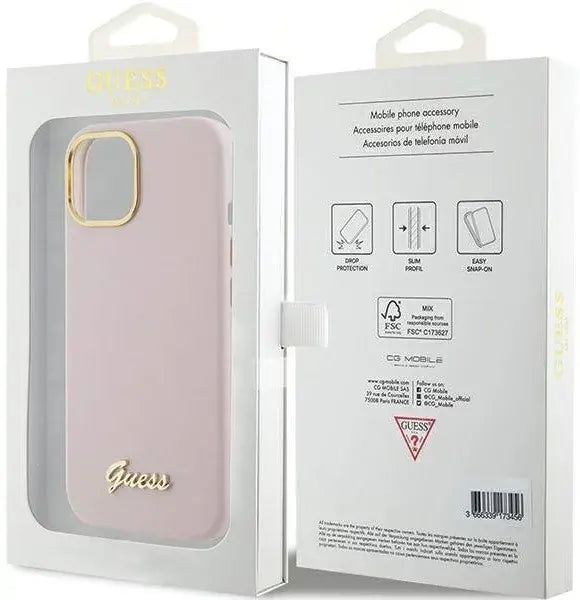 Guess iPhone 15 Plus & iPhone 14 Plus Backcover hoesje Script metal logo & frame - Roze-Hoesjes-Ilumina Benelux