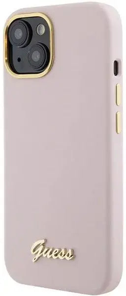 Guess iPhone 15 Plus & iPhone 14 Plus Backcover hoesje Script metal logo & frame - Roze-Hoesjes-Ilumina Benelux