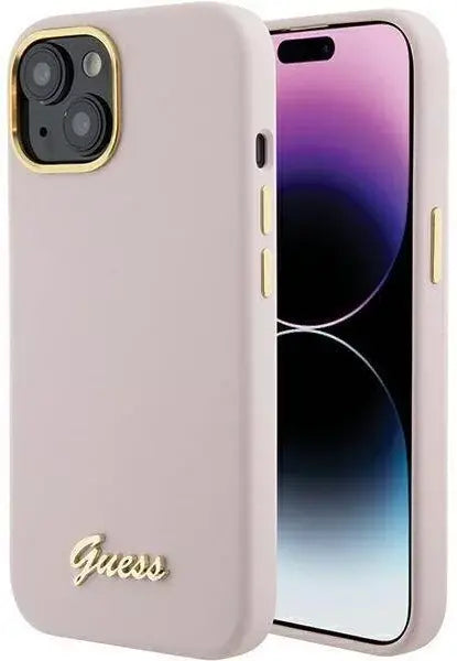 Guess iPhone 15 Plus & iPhone 14 Plus Backcover hoesje Script metal logo & frame - Roze-Hoesjes-Ilumina Benelux