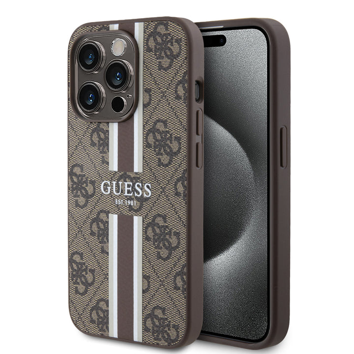 Guess iPhone 15 Pro Backcover hoesje 4G printed stripes - Bruin-Hoesjes-Ilumina Benelux