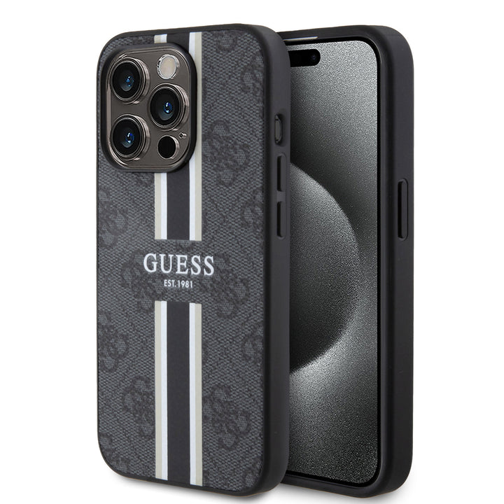 Guess iPhone 15 Pro Backcover hoesje 4G printed stripes - Zwart-Hoesjes-Ilumina Benelux