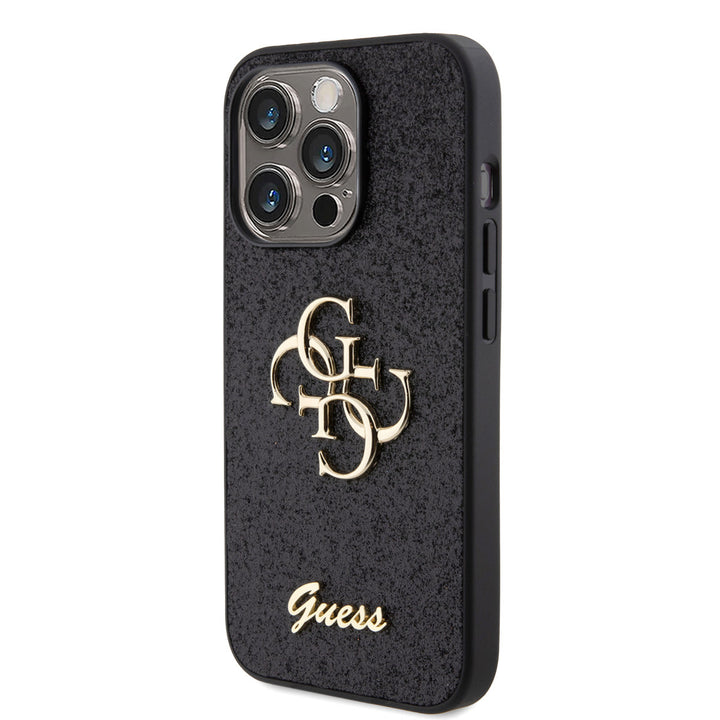 Guess iPhone 15 Pro Backcover hoesje - Big 4G - Fixed Glitter - Zwart-Hoesjes-Ilumina Benelux